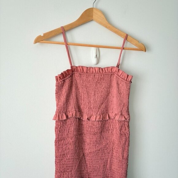 Mable Satin Smocked Fitted Ruffled Midi Dress Mauve Size Small - Picture 10 of 13